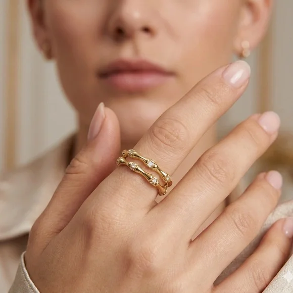 14K Gold Plated CZ Bamboo Style Double Band Ring | Adjustable Open Ring