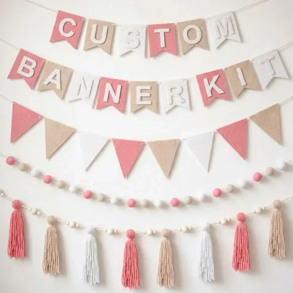 139 Pcs Felt DIY Custom Banner Kit - Celebration, Birthday, Baby Shower + (Pink)