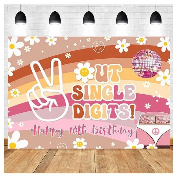 Out Single Digits,Happy 10th Birthday pink Hippy background, 8 x6,