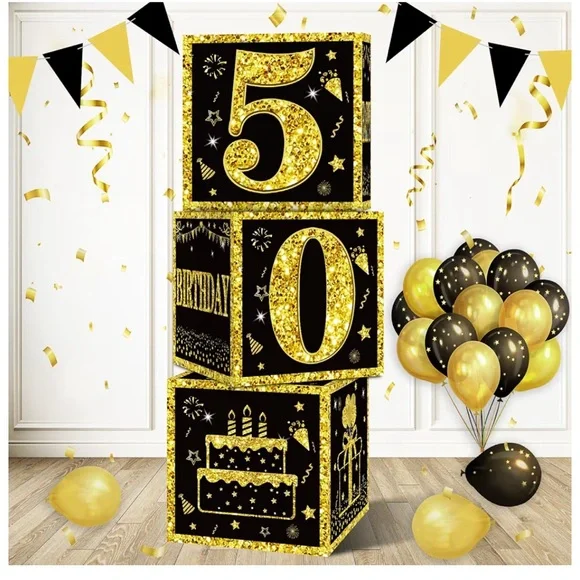 50th Birthday Decorations 3 pc. Boxes , Men Women, Black Gold Happy 50 Birthday