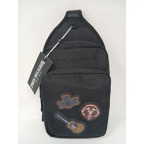 True Religion Black Crossbody Bag Men Zip Outer Pockets Guitar Character