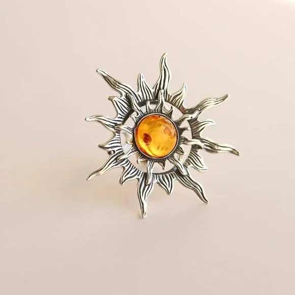 Baltic Amber Sun Ring in 925 Sterling Silver- Adjustable Size