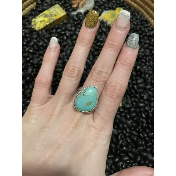 Southwest Sterling Silver Kenny Ray Signed Turquoise Ring~Teardrop Size 8.5