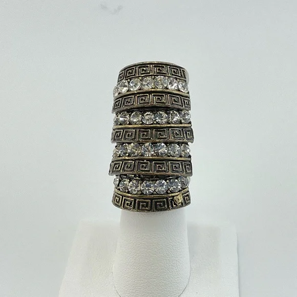 Gothic Cocktail Ring,  Articulated Knuckle Ring, Antique Gold & Clear Crystals