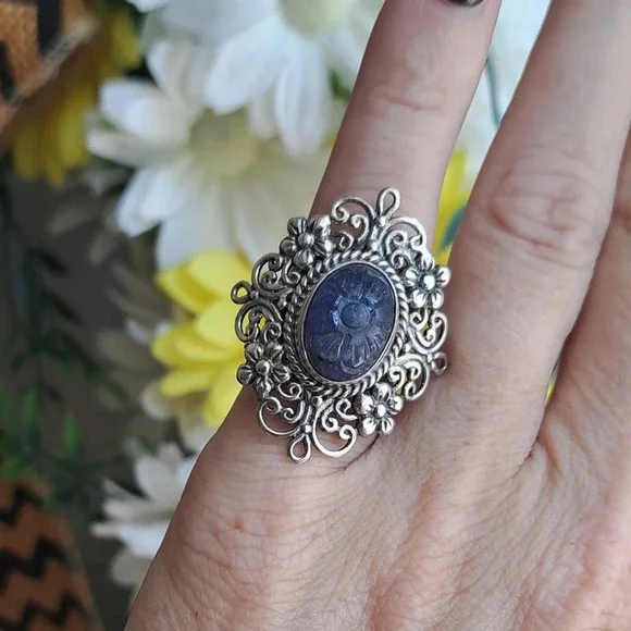 Tanzanite Natural Hand Carved Floral Ring In 925 Sterling Silver.