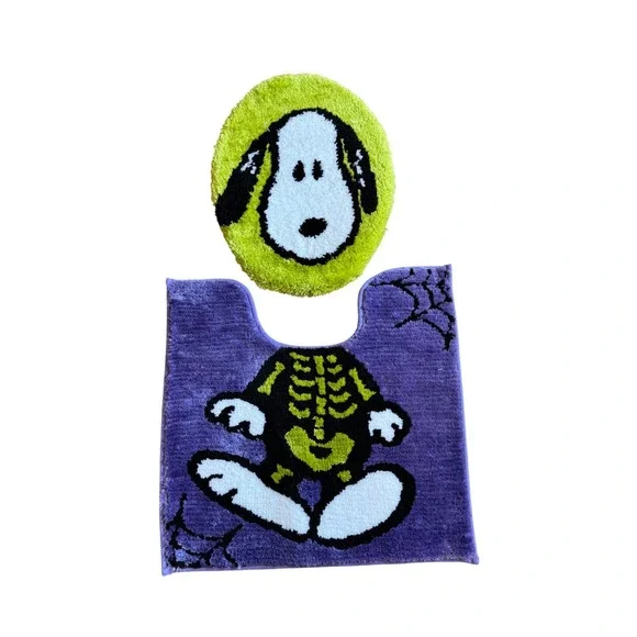 Peanuts Snoopy Halloween Skeleton Bathroom Rug and Toilet Lid Cover Set Purple
