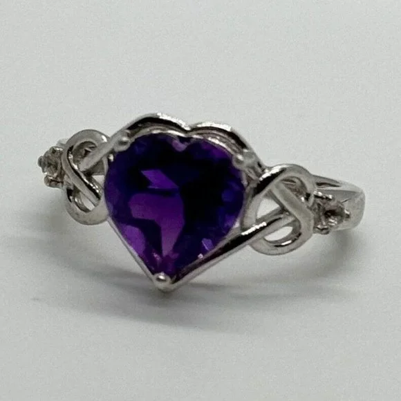 925 STERLING SILVER AMETHYST & GOSHENITE HEART RING SIZE 6