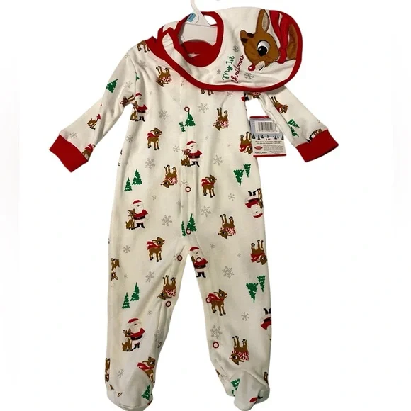 Rudolph Baby First‎ Christmas Reindeer Footie & Bib | 6M Unisex | NEW