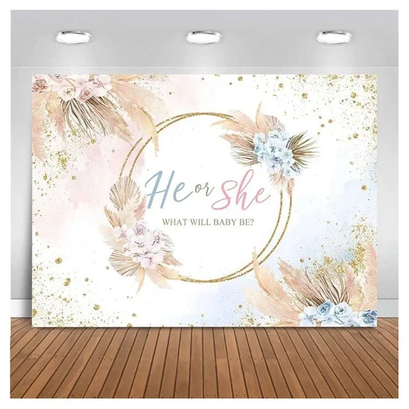 Boho Gender Reveal Backdrop He or She Boho Flowers Baby Shower,5 x 7,Background