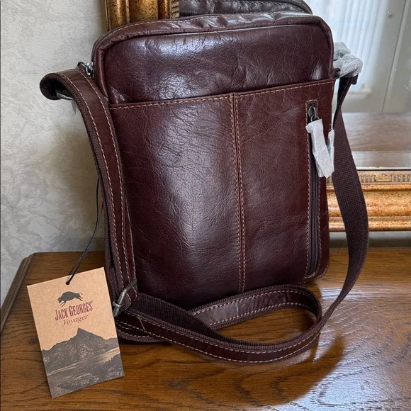 Men's/Unisex Jack George’s Brown Leather zippered Crossbody Bag w/Ft Zip Pocket.