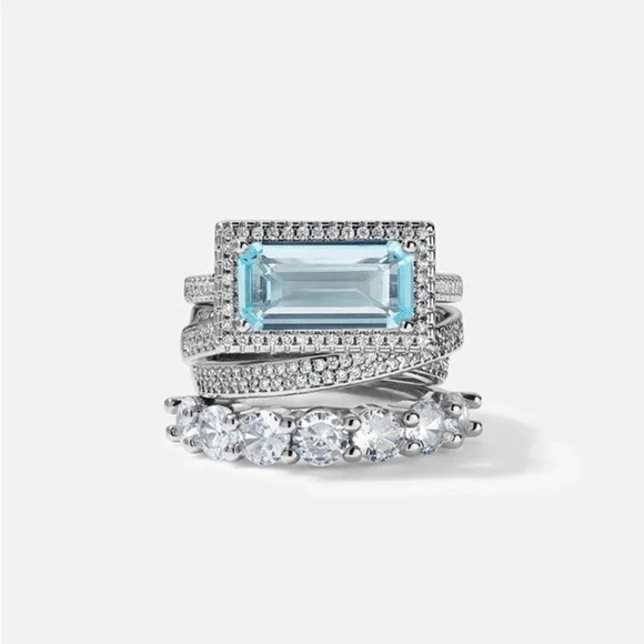 Aquamarine and Diamond 3 Ring Statement Stacked Ring Set - Women Jewelry Sz 7