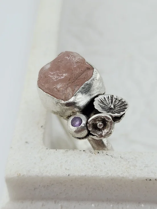 ROSE QUARTZ & AMETHYST FLOWER RING HANDMADE IN STERLING SILVER 7.5