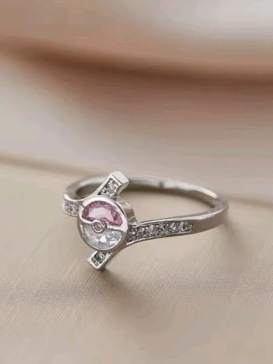 Pokemon Pokeball Crystal Ring Silver Tone Anime Jewelry Size 8