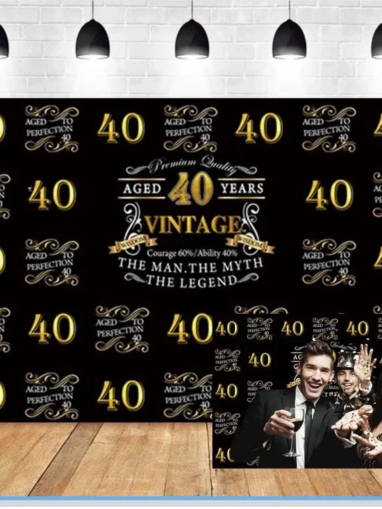 NWT - 40th Birthday Vinyl Black and Gold Party Backdrop - 7' x 5'