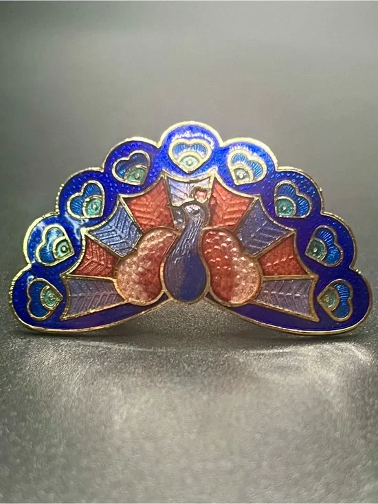 Vintage Cloisonné Peacock Wrap Ring Blue Enamel Gold Tone Adjustable Bypass Ring