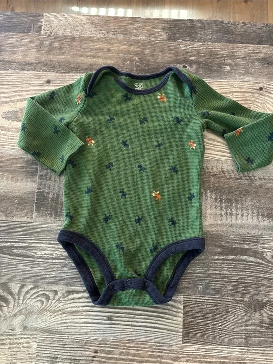 Winter moose Green Long-Sleeve Baby One-Piece with Navy Trim