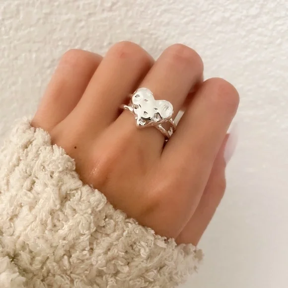 925 Sterling Silver Textured Foil Heart Ring Geometric Ring Silver Heart Ring