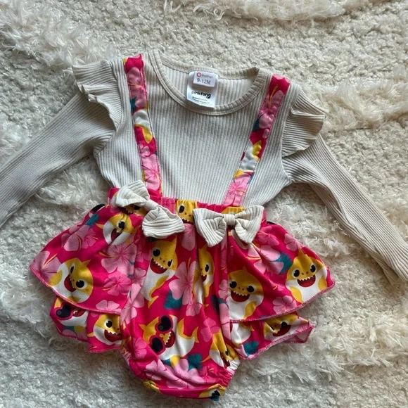 Baby Shark Pinkfong Baby Girl Outfit Set 9–12M Ruffle Bow Bubble Romper