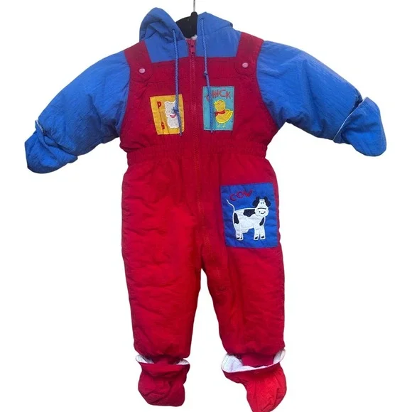 Casual Time Vintage Baby Snowsuit Red Blue Farm Animal Bunting 12 Months Hooded