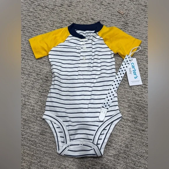 Carter's White Navy Striped One-Piece with Yellow Raglan Sleeves