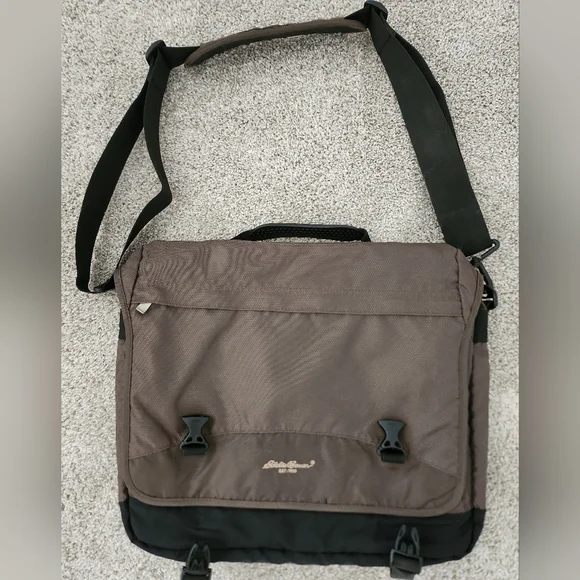 Eddie Bauer Brown Messenger Bag with Black Straps and Durable Fabric