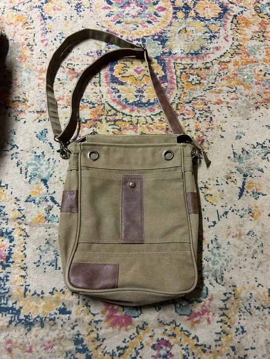 Canvas Crossbody‎ Messenger Bag - Olive with Brown Accents