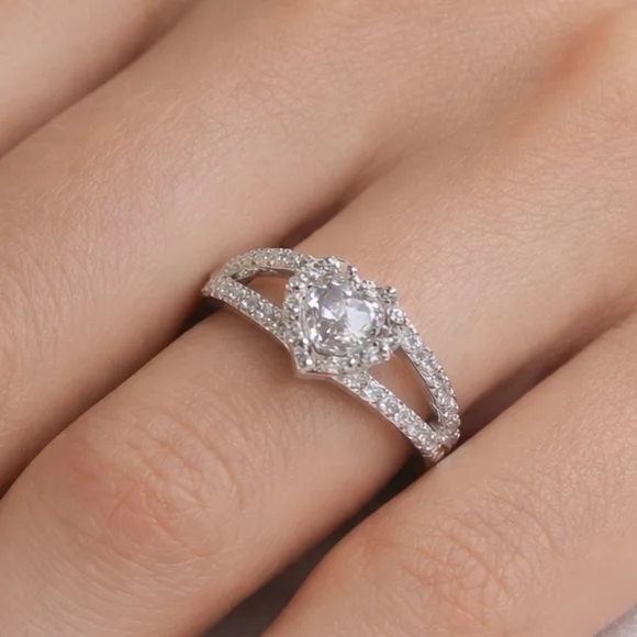 Sterling Silver 925 Heart Halo Ring Size 8.5 | Bridal Sparkle
