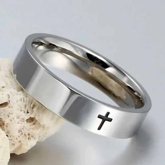 Unisex Stainless Steel Black Easter Cross Ring