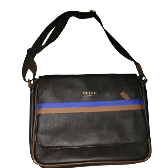 Ted Baker London Men Dark Brown Faux Leather Messenger‎ Bag with Blue Tan Stripe