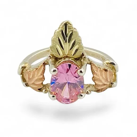 Vintage Black Hills Gold Ring Pink CZ Crown Setting 12k Leaves Sterling Silver