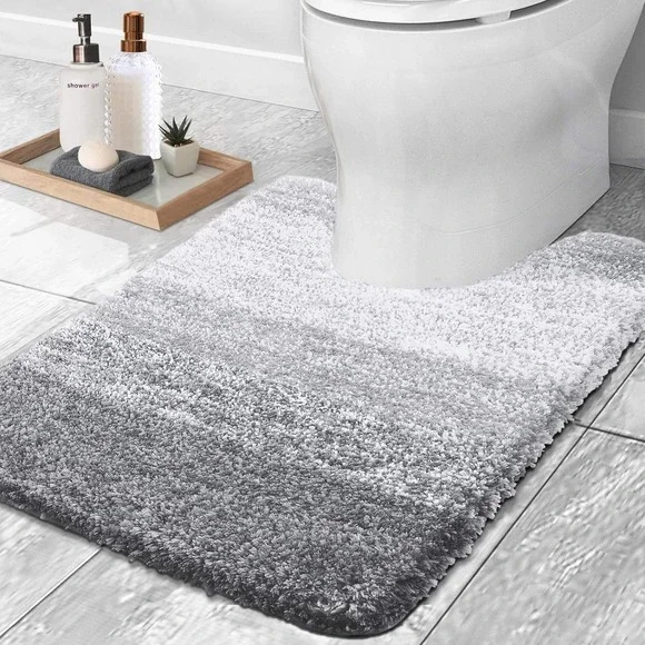 Plush U Shaped Toilet Mat Bath Rug Soft Shaggy Gray Ombre Absorbent Bath Mat