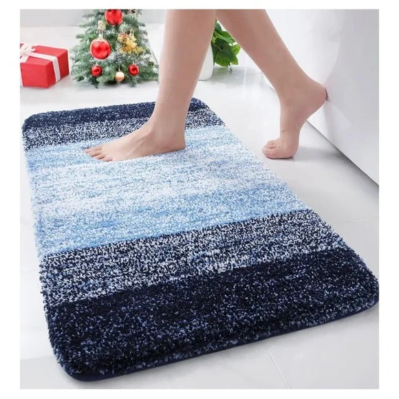 Plush Shaggy Bath Mat Rug Navy Blue Ombre Stripe Soft Absorbent‎ Non Slip