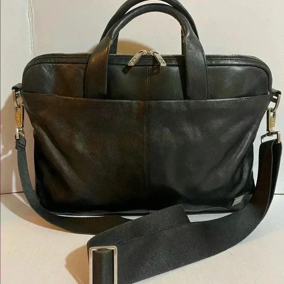 Knomo  unisex black leather messenger laptop briefcase bag