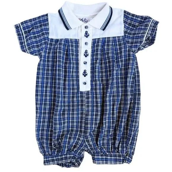 VTG Small Steps Baby Boy Nautical Romper 24M Blue Plaid Button Bubble Shortall