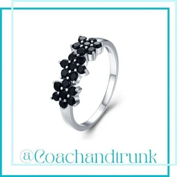 925 Sterling Silver Black Spinel Prong Set 3 Flower Band Size 8 NWT