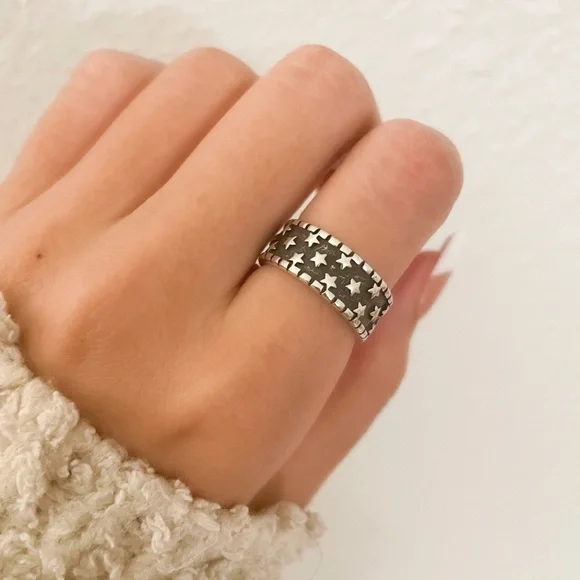 925 Sterling Silver Star Ring Band Black & Silver Star Ring Celestial Ring