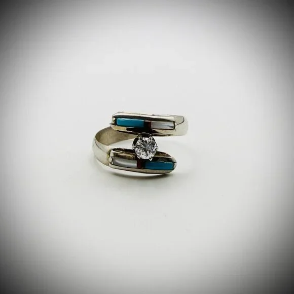 Vintage Sterling Multi-Stone Inlay Bypass Ring, Size 9 – Signed “DD”
