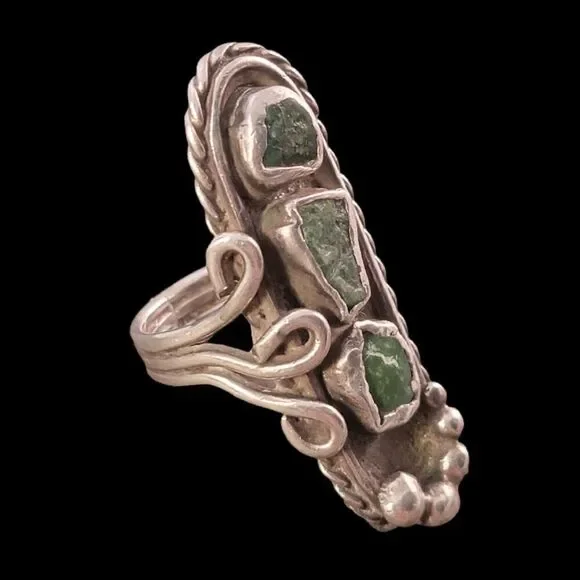 Old Pawn Navajo Organic Three Green Freeform Shaped Bezel Set Turquoise Ring B…