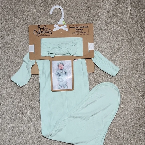 Baby Essentials Light Green Gown and Headband Set