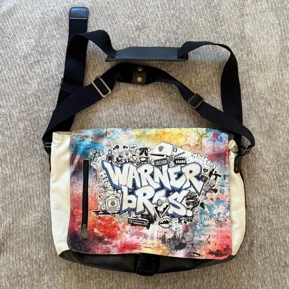 Warner Bros‎ Graffiti Messenger Bag Black Canvas Eco-Friendly Retro Y2K
