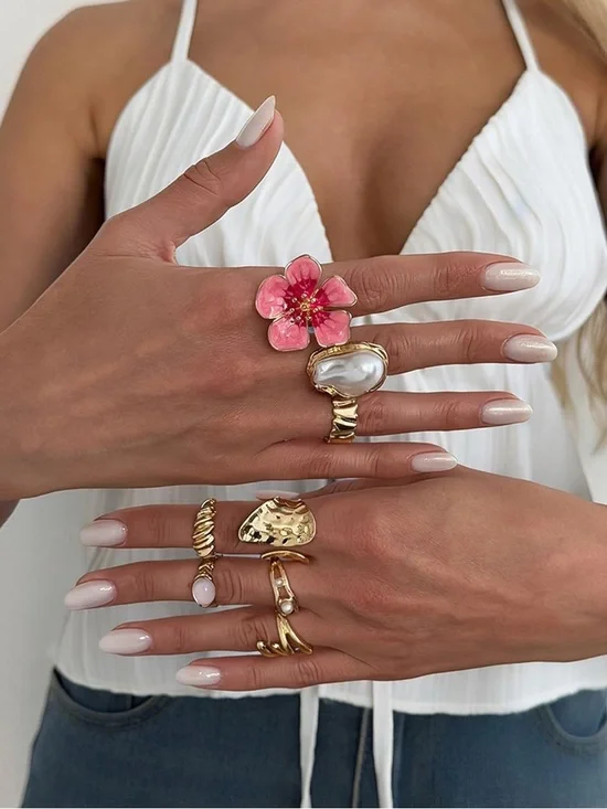 Bohemian Gold Tone Pink Flower & Pearl Trendy Statement Ring Set