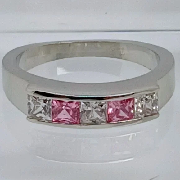 Vintage 90s Pink Clear Princess Cut CZ Channel Set Silver Tone Band Ring Size 10