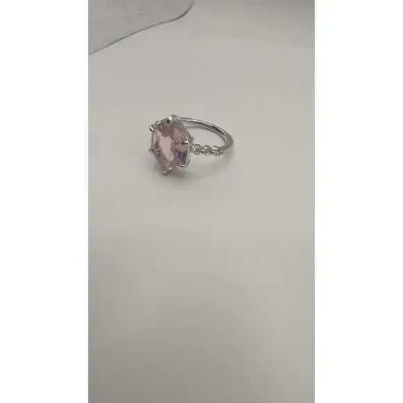 Silver Ring with Hexagonal Pink Gemstone and Decorative Side Stones Size 7