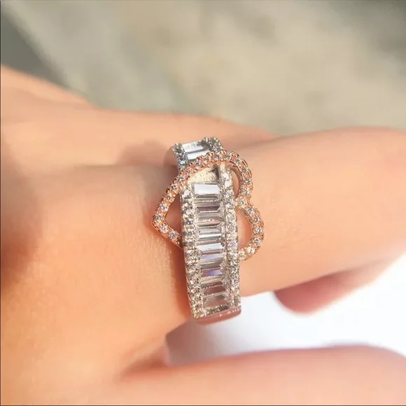 New Luxury 925 Silver 2 Tone Heart Engagement Ring