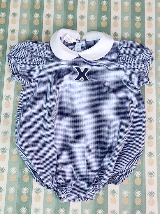 Xavier University Navy Gingham Baby Bubble Romper with White Peter Pan Collar