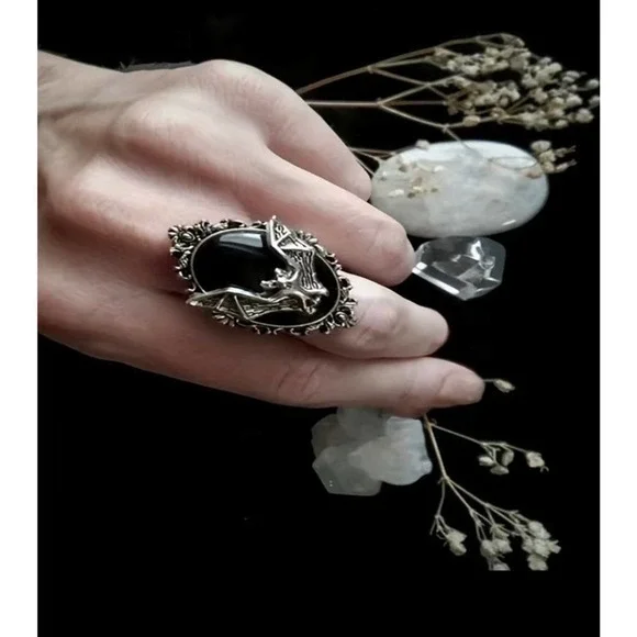 Bat Ring Halloween Gothic‎ Victorian Cameo Faux Onyx Gemstone Open Finger