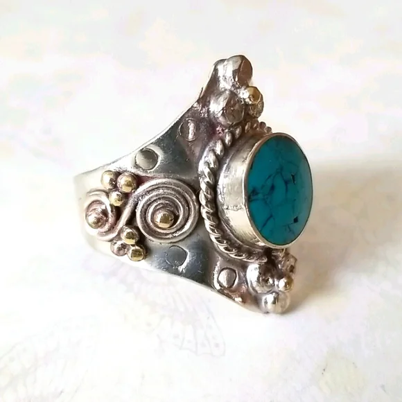 Southwestern Boho Tribal Turquoise Hand Crafted Adjustable Band Ring