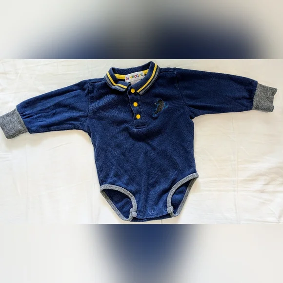 Vintage Gymboree 90s Blue Gray Long Sleeve Bodysuit Seal Embroidery Size Infant