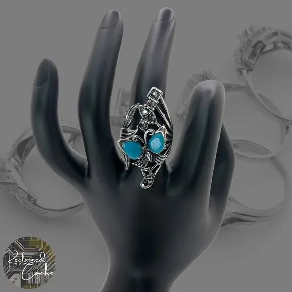 Silver Butterfly Rhinestone Statement Ring - Size 8