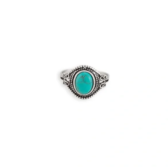 New One size silver toned brass adjustable Faux Turquoise ring Boho Western